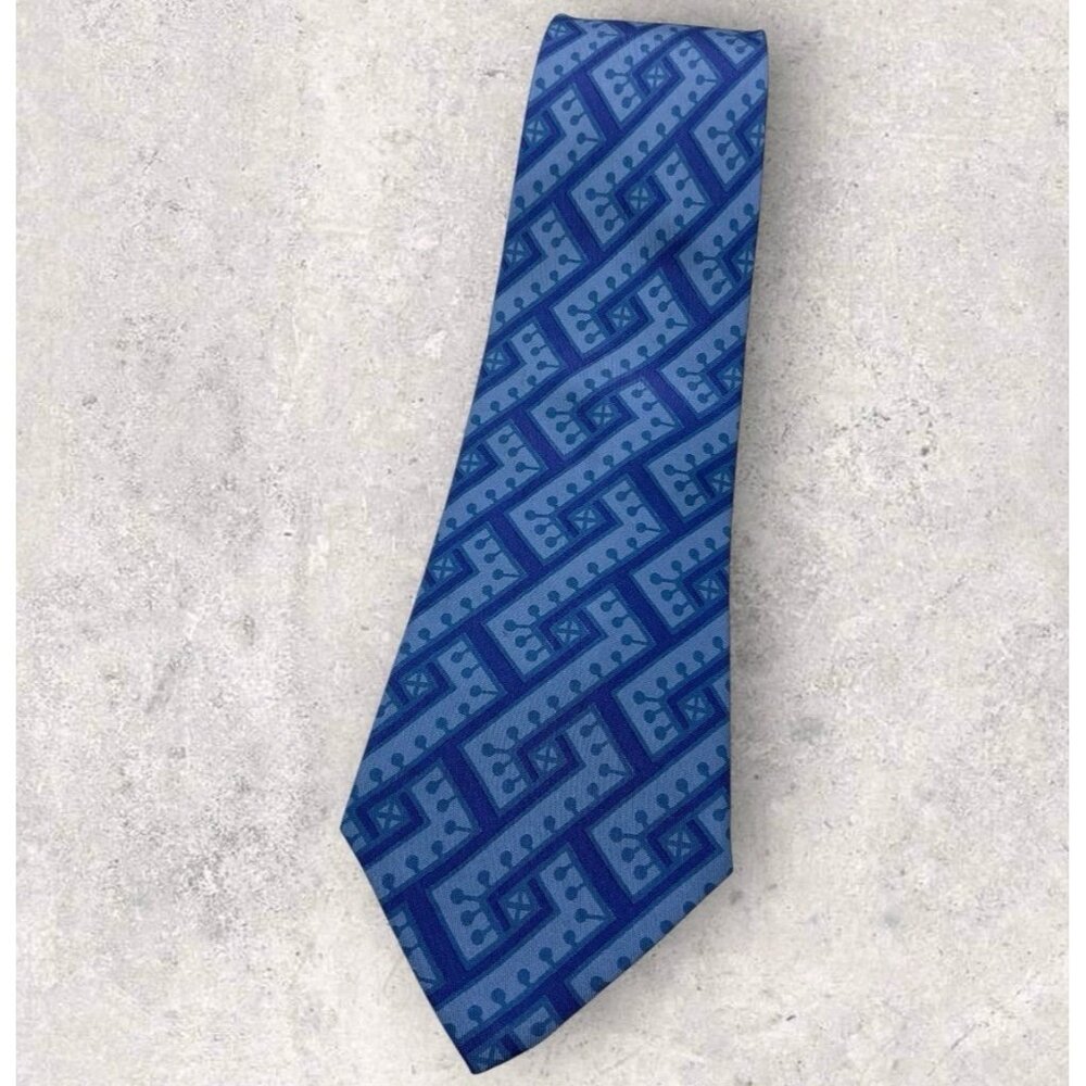 HERMÈS VINTAGE 254 UA Silk Tie FRANCE Blue Geometric W:4" EUC